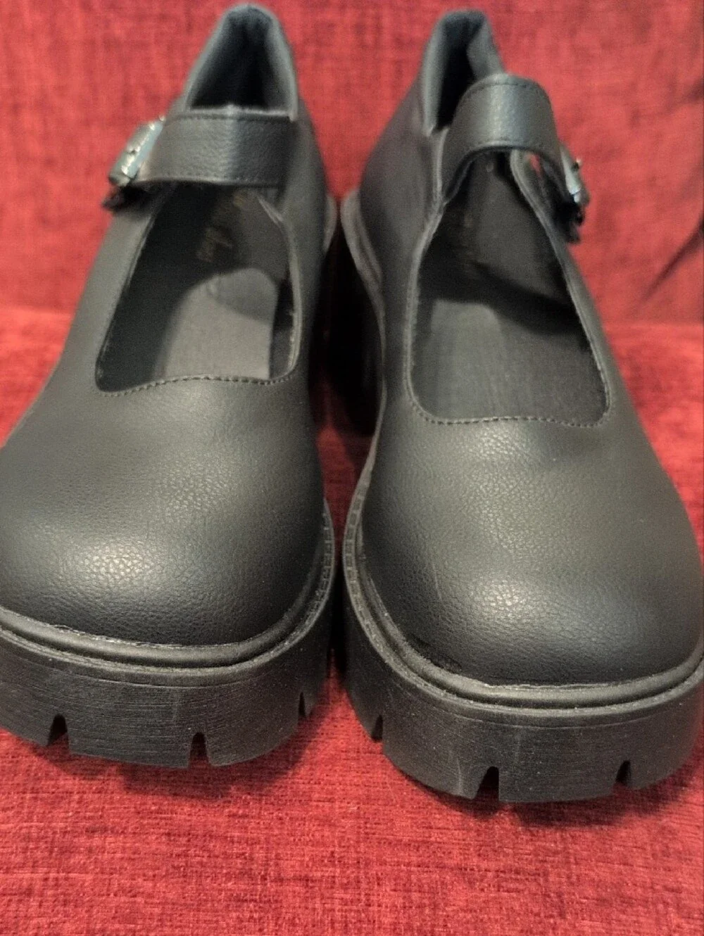 THems Black Chunky Mary Jane Platform Heels with Buckle